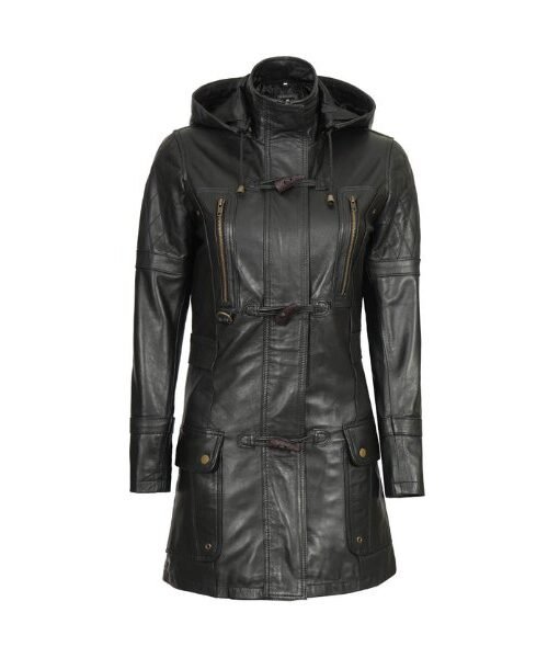 Slim Fit Black Hooded Leather Car Coat