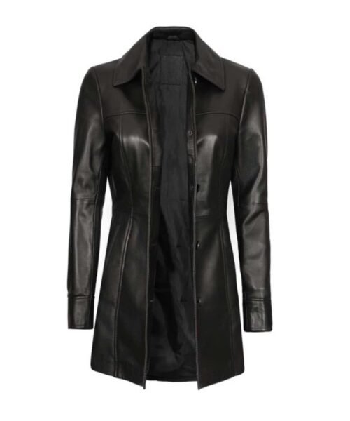 Classic Black 3/4 Length Leather Coat for Women