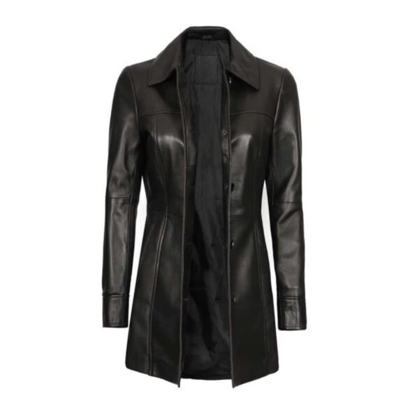 Classic Black 3/4 Length Leather Coat for Women