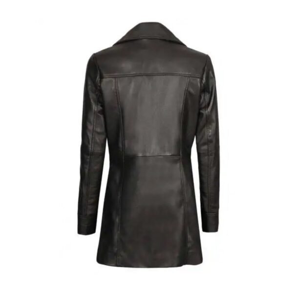Classic Black 3/4 Length Leather Coat for Women - Image 2